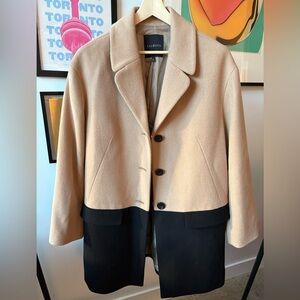 Talbots Ladies Swing Coat Jacket Wool Blend Tan/Black Colour Blocking Size 16